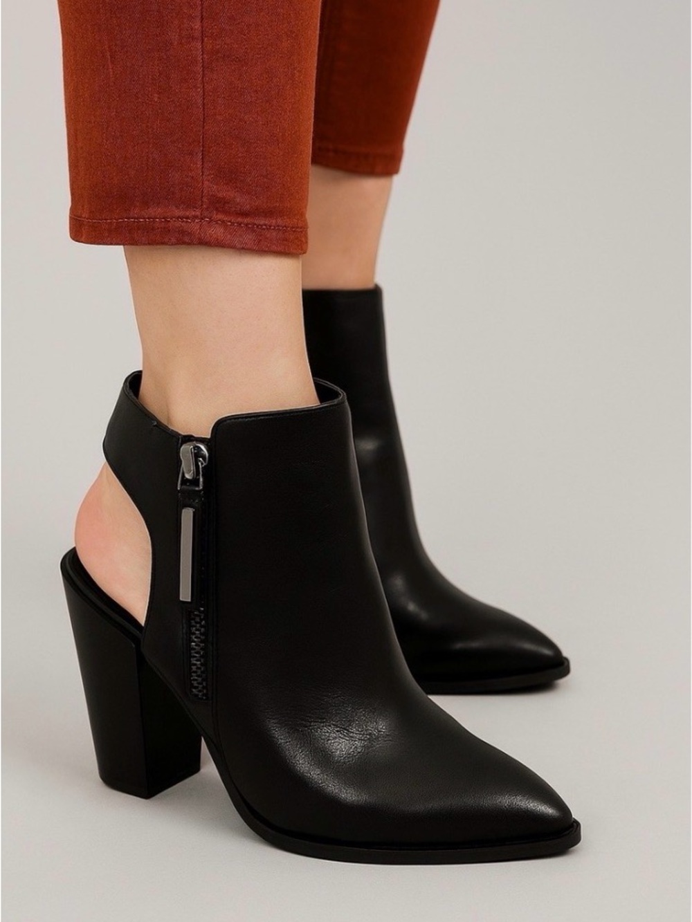 Gianni Bini Black Leather Cutout Heel Booties